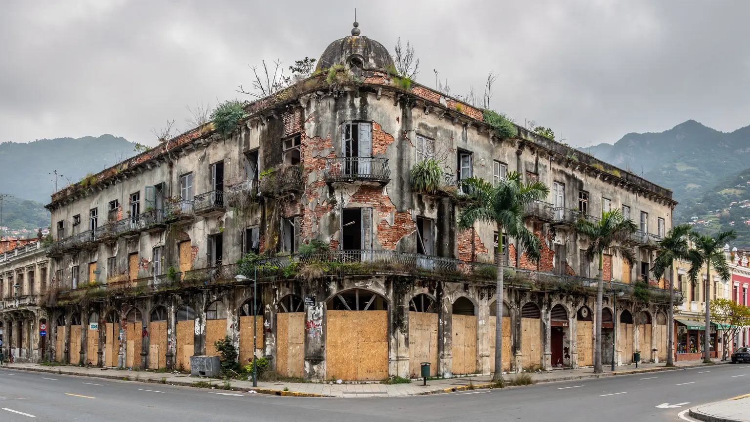 El edificio patrimonial de esquina abandonado: pintura descascarada, ladrillo a la vista, ventanas rotas, maleza en la cornisa y los arcos del primer piso tapiados con madera, bajo un cielo gris y las montañas de Pereira al fondo